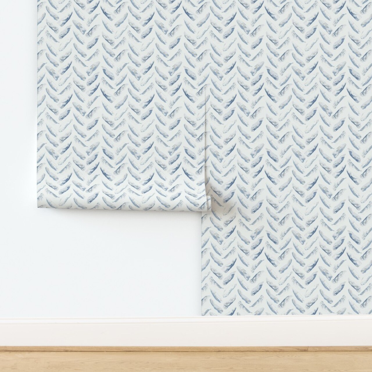 Coastal Herringbone Oyster Shell Blue And White Minimal Custom Pre-pasted Wallpaper by Spoonflower Pre-Pasted Wallpaper 2FT Wide
